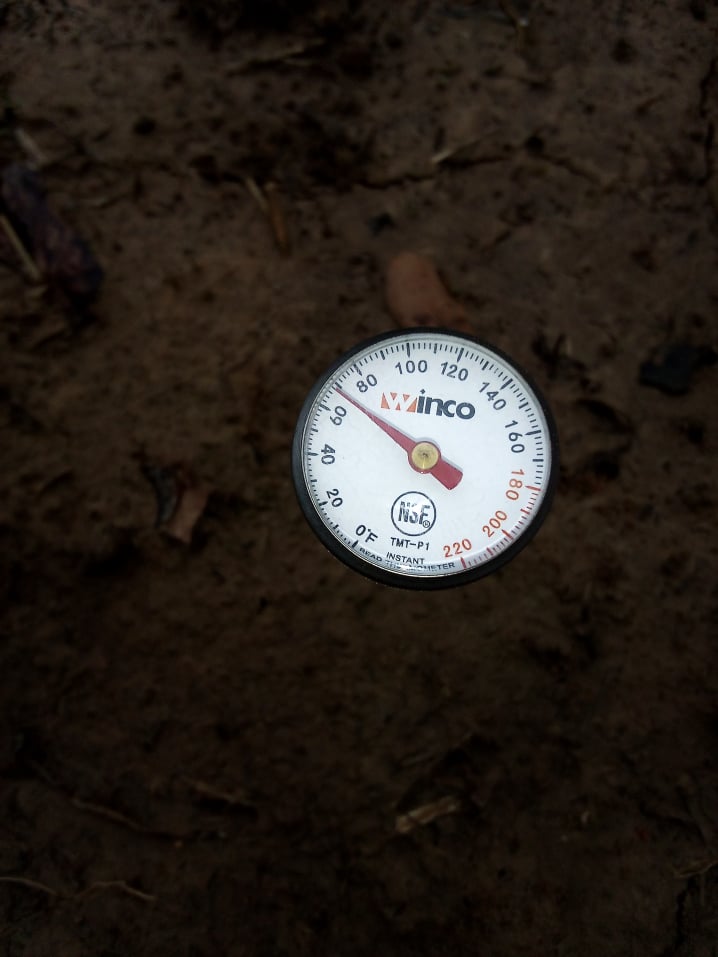 Food thermometer showing 70 degrees F soil at planting depth