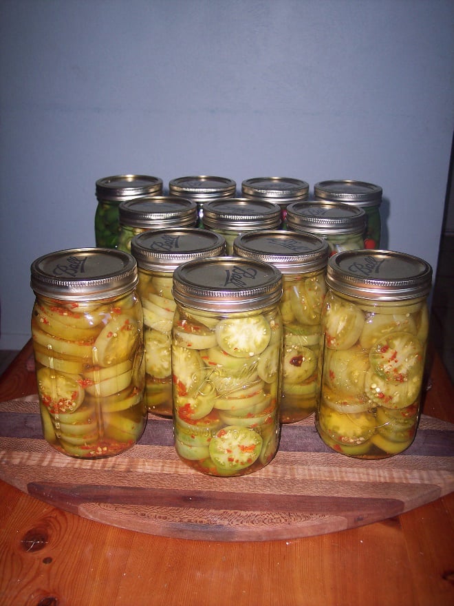 pickled green tomato slices